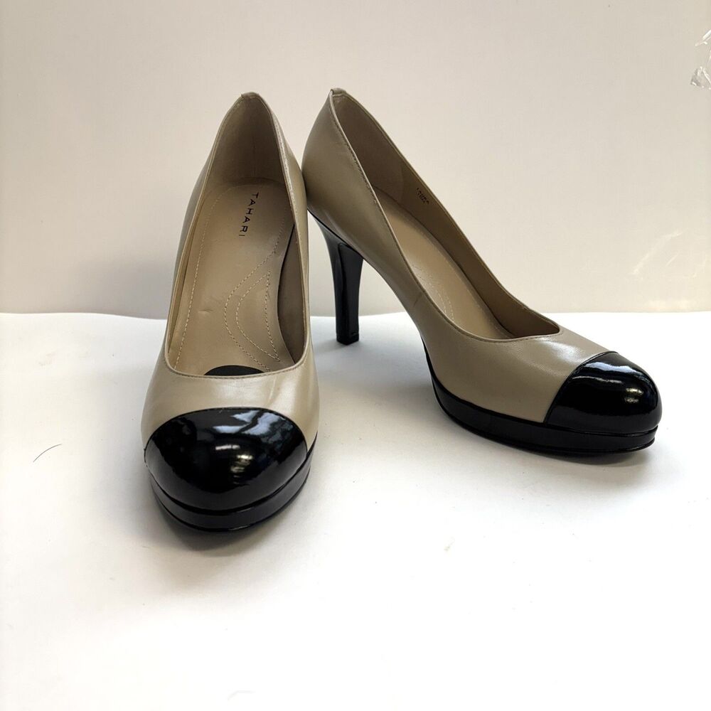 TAHARI Laura Two Tone Leather Pump Heels Black & Tan NEW